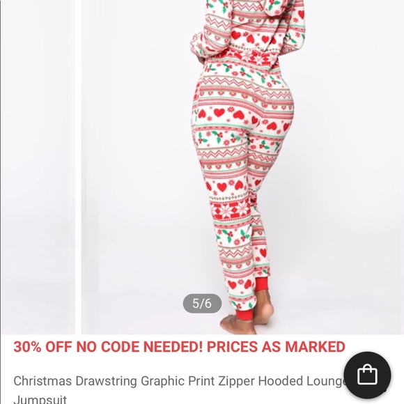 BRAND NEW! Christmas Drawstring Graphic Print Zipper Hooded Lounge Jumpsuit - Picture 3 of 5